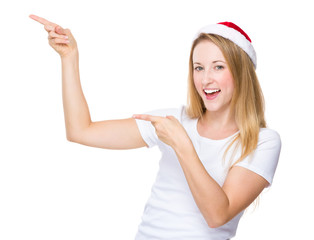 Christmas hat woman with finger point up