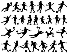 Children Playing Soccer Vector Silhouettes
