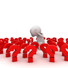 Poster - Stressed 3d man standing amongst red question marks