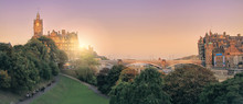 Panoramic View Of Edinburgh, Scotland, UK With The Setting Sun