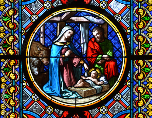 Naklejka na meble BASEL, SWITZERLAND - November 3, 2014: Nativity Scene. Stained g