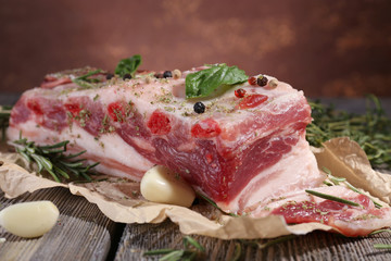 Poster - raw bacon with spices on wooden table