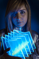 Computer Technology.Fiber Optic concept, woman with modern light