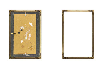 old golden picture frame with and without fiberboard background,