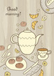 Tea, coffee and sweets on wooden background