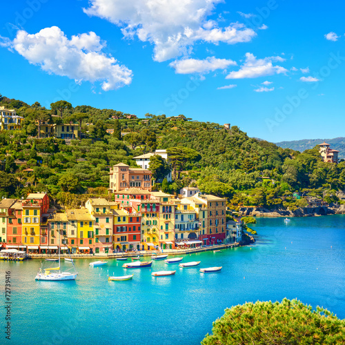 Fotomural Portofino luxury village landmark, panoramic aerial view. Liguri
