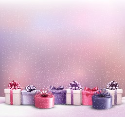 Poster - Holiday Christmas background with a border of gift boxes. Vector