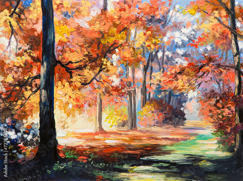 Fototapeta na wymiar Oil painting landscape - colorful autumn forest