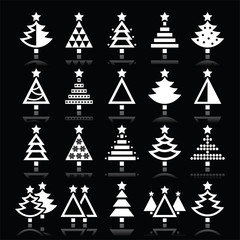 Wall Mural - Christmas tree white icons set isolated on black