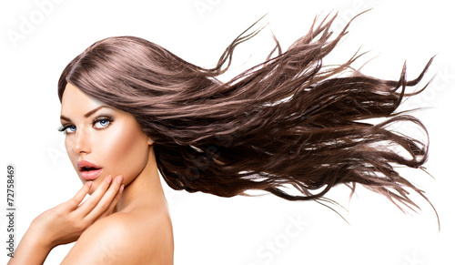 Naklejka na drzwi Fashion Model Girl Portrait with Long Blowing Hair