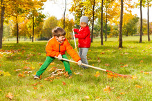 Boy And Girl With Two Rakes Working Cleaning Grass