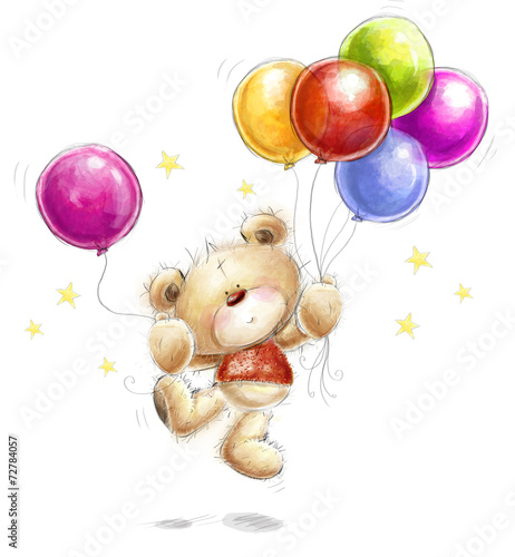 Fototapeta na szkło Miś w kolorowe balony i gwiazdki. Happy Birthday