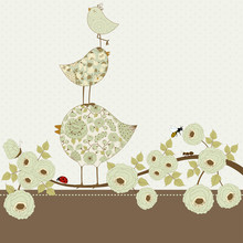 Greeting Card With Cute  Birds On Branch With Flowers