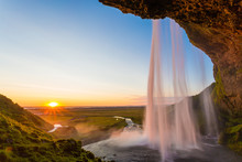 Seljalandsfoss, Waterfall In Iceland, Sunset And Sunstar