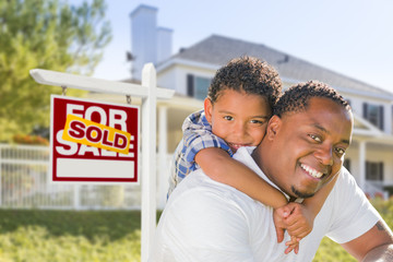 Wall Mural - African American Father and Mixed Race Son, Sold Sign, House