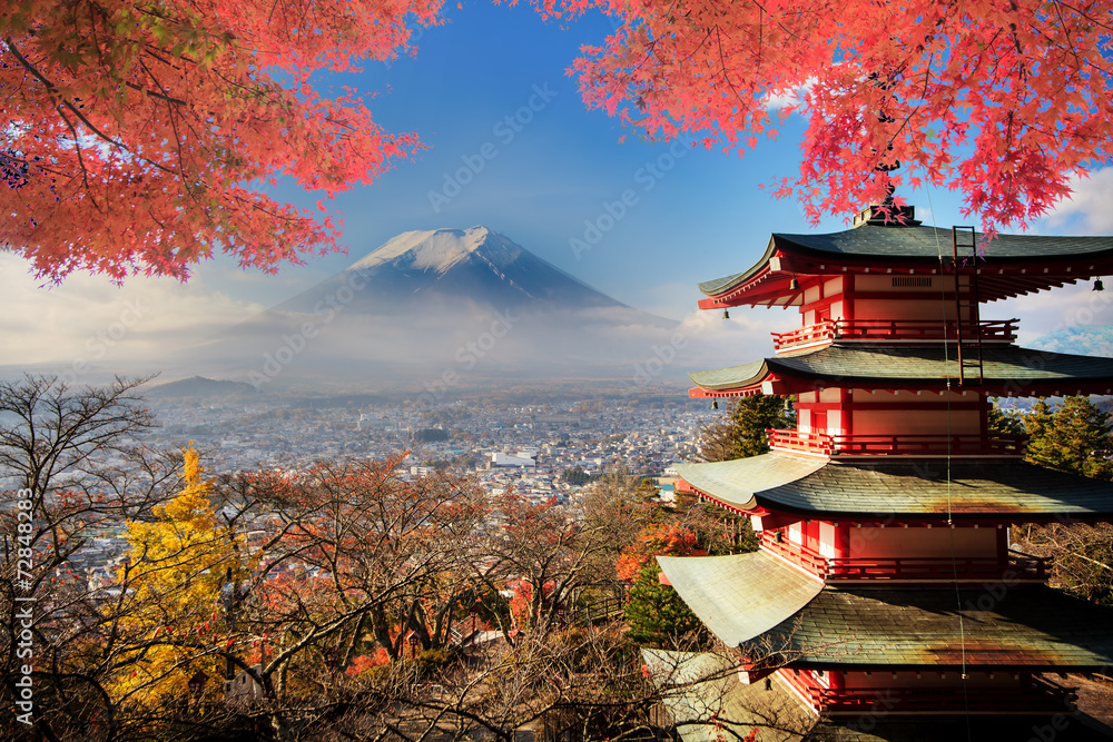 Mt. Fuji with fall colors in Japan. - obrazy, fototapety, plakaty 