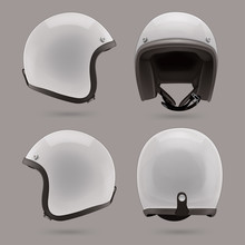White Motorbike Classic Helmet. Front, Back And Side View