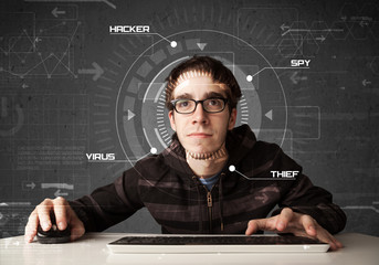 Poster - Young hacker in futuristic enviroment hacking personal informati