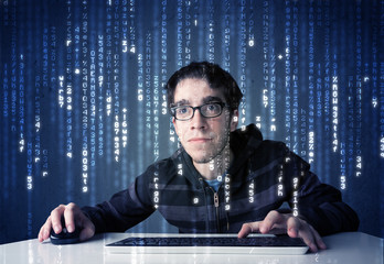 Fototapete - Hacker decoding information from futuristic network technology