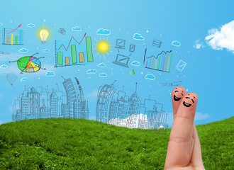 Fototapete - Happy smiley fingers looking at hand drawn urban city landscape