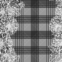 seamless monochrome pattern with dahlia flowers and check backgr