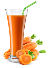 Wall Mural - Glass of carrot juice with fruit isolated on white.