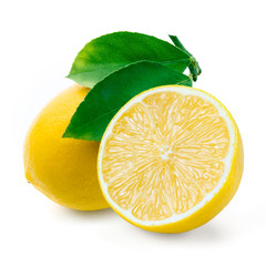 Wall Mural - Lemon. Fruit with leaves on a white background.