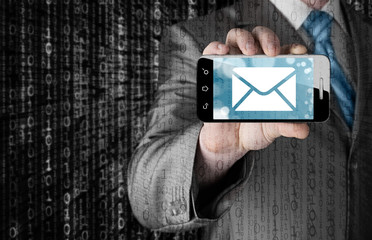 a man holding smartphone with one new message on a screen.