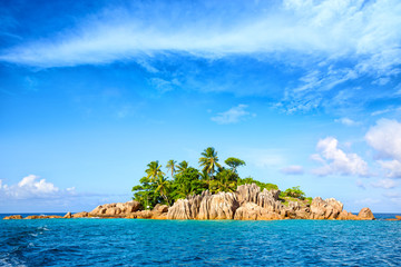 Wall Mural - Tropical St. Pierre Island with palms and rocks, Seychelles