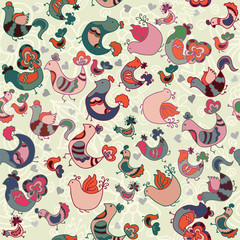 Wall Mural - Cute seamless pattern with birds and hearts