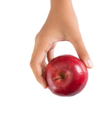 Girl hands holding a red apple over white background