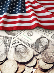 Wall Mural - American coins, Banknotes cash and flag. USA finance