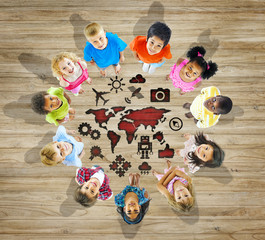 Sticker - Multiethnic Group of Children with World Map