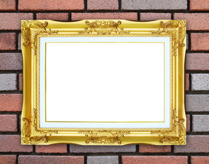 Canvas Print - golden frame on brick stone wall background