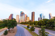 Houston skyline sunset from Allen Pkwy Texas US