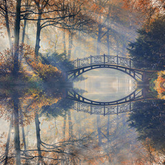 Wall Mural - Autumn - Old bridge in autumn misty park