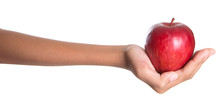 Girl Hands Holding A Red Apple Over White Background