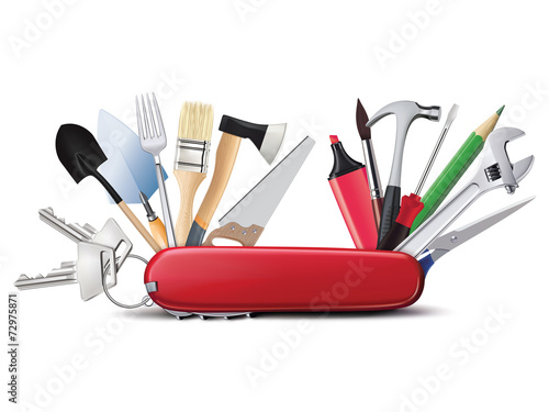 Valokuva Swiss universal knife with tools. All in one. Creative illustrat