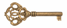 Vintage Ornate Brass Key, Isolated On White
