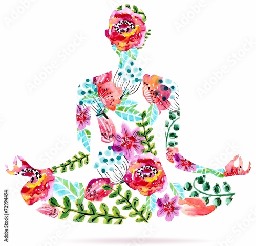 Fotomural Yoga pose, watercolor bright floral illustration