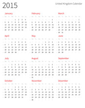 United Kingdom 2015 Year Calendar With Week Numbers.