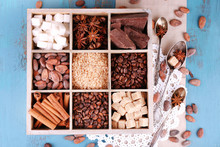 Wooden Box With Set Of Coffee And Cocoa Beans, Sugar Cubes,