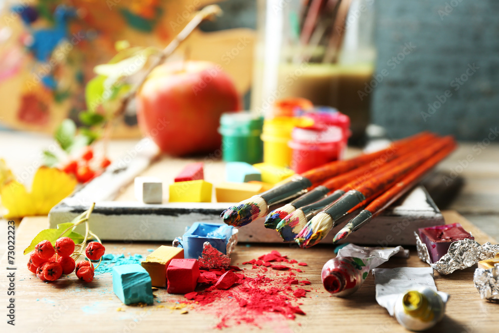Beautiful still life with professional art materials, close up