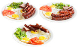 Fototapeta Las - three plates with fried eggs and sausages isolated