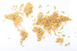 map of the world made of raw natural rice on white background