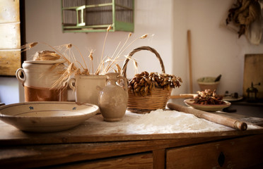 Table with ingredients and kitchen tools.