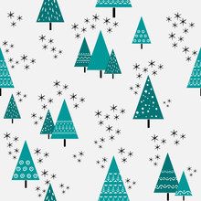 Seamless Christmas Tree Pattern In Flat Style. Vector.