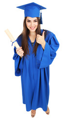 Poster - Woman graduate student wearing graduation hat and gown,