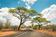 African landscape with empty road and trees in Zimbabwe - On the