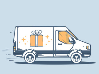 Wall Mural - Vector illustration of van free and fast delivering gift box to